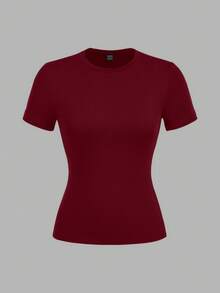 SHEIN EZwear 2 chiếc áo thun ngắn tay cổ tròn đơn giản, màu xanh hải quân và đỏ tía, thích hợp cho mùa xuân/hè. - Nhiều màu - Xem 8