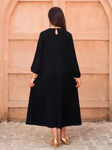SHEIN Tween Girl Casual Minimalist Ribbon Detail Lantern Sleeve Dress, Autumn - Black - View 2