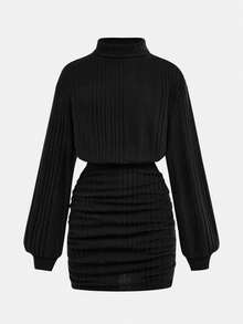 Firerie Kids Firerie Kids Váy dài tay ôm sát, cổ lọ dệt kim gân cho bé gái tuổi mới lớn, dáng rộng, eo cao, ôm sát, xếp ly, thoải mái, cổ điển, thanh lịch, thích hợp cho tiệc Giáng sinh, mùa đông - màu đen - Xem 5