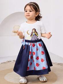 女婴肖像印花圆领短袖T恤和碎花裙套装 - 藍色 - 查看 6