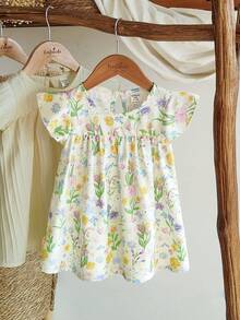 SHEIN 女婴幼儿/新生儿 0-3 岁 休闲可爱甜美荷叶边袖连衣裙，适合日常穿着，春夏皆宜 - 黃色 - 查看 3