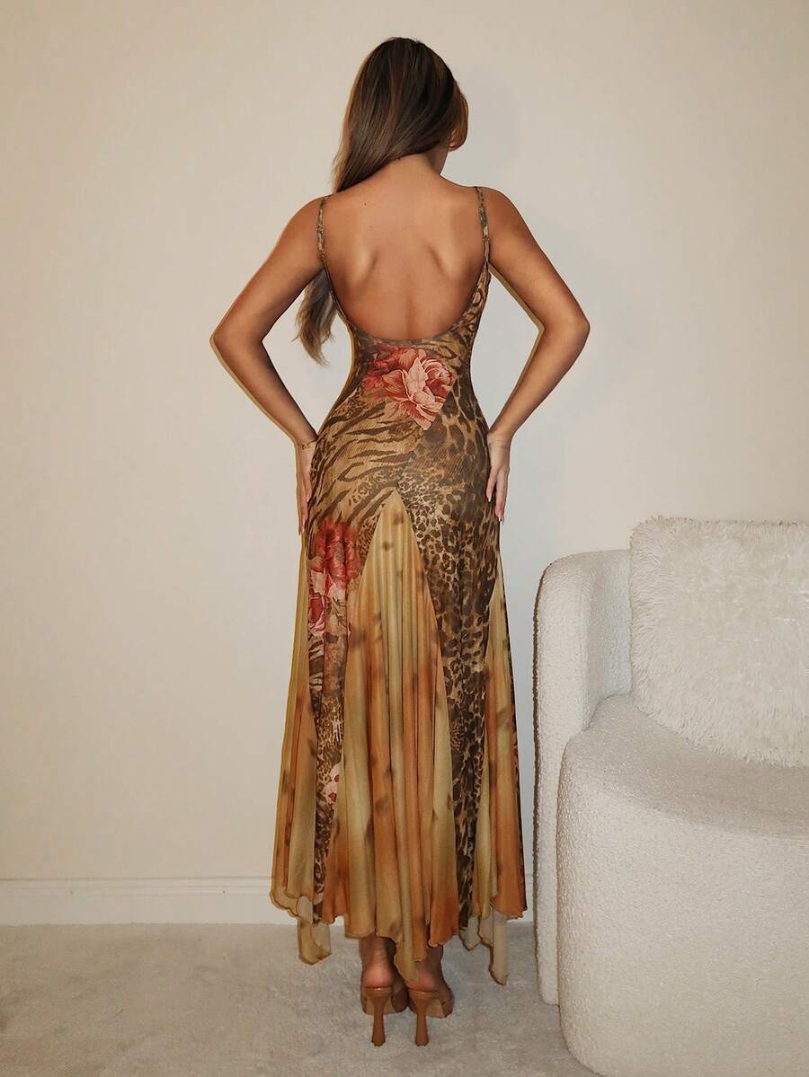 SHEIN ICON Đầm nữ kiểu miền Tây Boho Hippie họa tiết da báo không tay, thắt eo gợi cảm, thích hợp cho ngày Valentine. - Nhiều màu - Xem 1