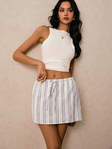 Poéselle Women's Casual Striped Print Drawstring Shorts Skirt - Blue - View 6