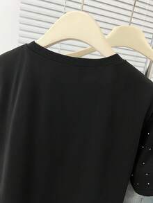 GlowEve Tall Große Damen Lässig einfarbiges Shirt mit Strass Dekor, Rundhalsausschnitt, Kurzarm, geeignet für den Alltag, Frühling/Sommer - Schwarz - Übersicht 6