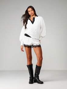 MISSGUIDED Quần ngủ ngắn viền ren, đồ mặc nhà, quần pajama, cạp chun, đồ ngủ thoải mái, đồ ngủ mùa hè, có dây rút - trắng - Xem 3