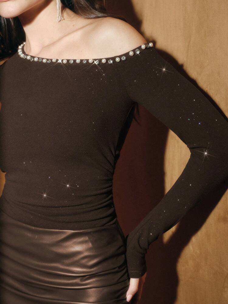 Autumn/Winter New Laser Rhinestone Embellished Shoulder Strap Long Sleeve Women's Top, Suitable For New Year Party, Christmas, Burgundy