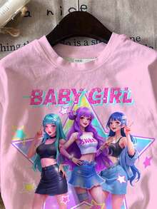 SHEIN Áo thun ngắn tay cổ tròn in hình nhóm nhạc nữ K-POP trẻ trung, thời trang, nhiều màu sắc, in chữ và ngôi sao, kiểu dáng hoạt hình K-POP, phù hợp cho lễ hội, tiệc tùng, mặc hàng ngày và các buổi hòa nhạc. - Nhiều màu - Xem 6
