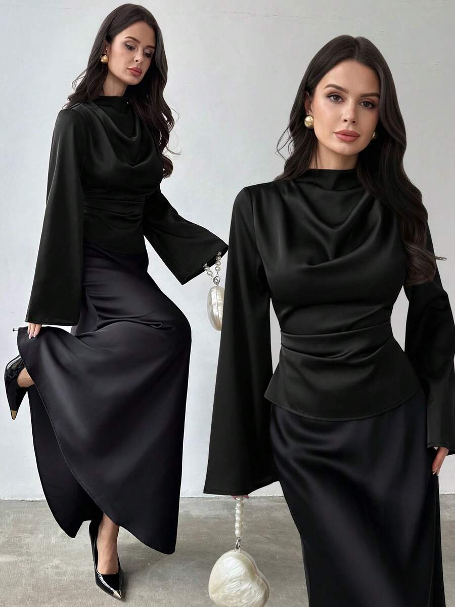 Firerie Women's Elegant Long-Sleeved Shirt / Glossy Top / Faux Silk Satin Shirt / Commuter Shirt / Black Blouse / Office/Business Attire / New Year's Look / Vintage Style Shirt / Bell Sleeve Shirt Cowl Neck Dress Long Sleeve Elegant Dress Black Classy Dress - Black - View 1