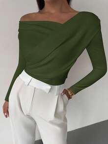 Firerie 女士优雅简约时尚性感日常通勤音乐节度假不对称领口垂褶长袖露脐白色上衣 - 軍綠色 - 查看 11
