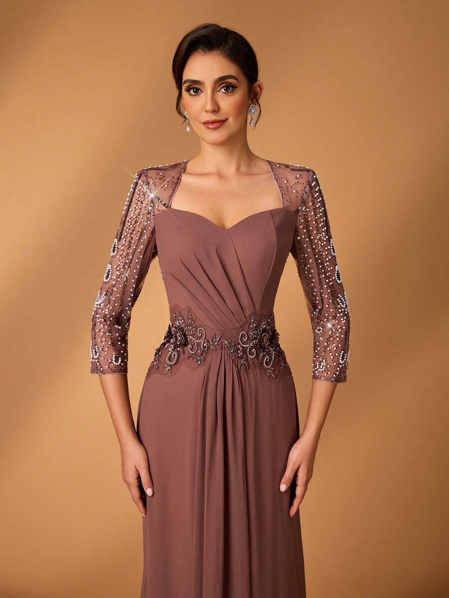 Serin 女士优雅灰粉色珍珠串珠刺绣网纱雪纺褶皱透明长袖褶皱亮片贴花美人鱼裙摆连衣裙，适合新娘母亲、正式活动、婚礼、派对、正式场合穿着。 - 鏽棕色 - 查看 1