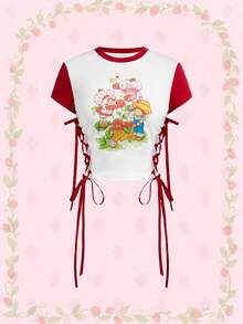 Strawberry Shortcake | ROMWE Women's Ribbon Tie-Up Contrast Cartoon Pattern T-Shirt - White - View 1