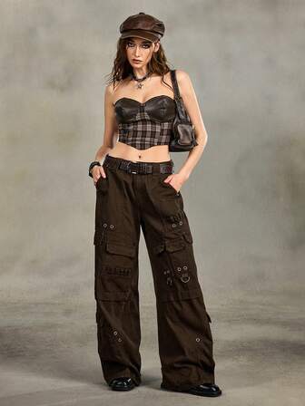 Grunge Punk Vintage Sexy Plaid Patchwork PU Leather Women Top