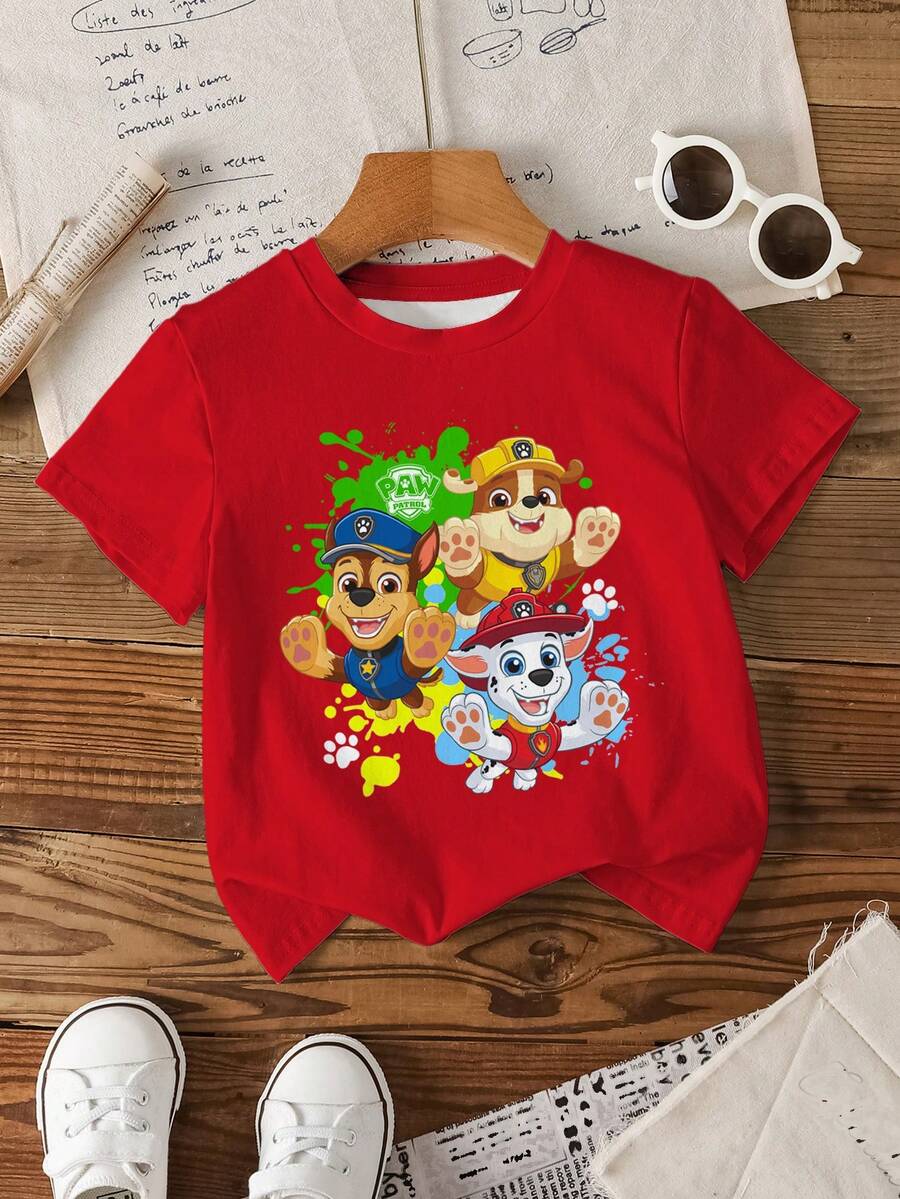 SHEIN | PAW Patrol Young Boy Cartoon Pattern Cute Round Neck Short Sleeve T-Shirt - White - View 1
