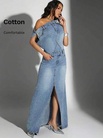 Denimoi 露肩前開衩牛仔連身裙