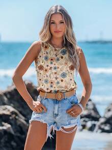 Sylviya Women's Casual Floral Pattern Summer Round Neck Tank Top Back To School - Apricot - View 4