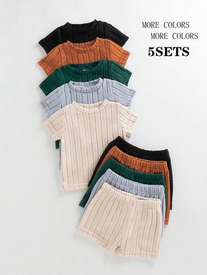 SHEIN Playful Pals 5pcs Baby Boy Outfit Set, Including 5 Textured Knit Short Sleeve Crew Neck Tops And 5 Elastic Waist Textured Knit Shorts. The Top Colors Are Khaki, Blue Gray, Army Green, Brown, And Black, With The Shorts Matching The Corresponding Top Colors. Suitable For Spring/Summer, Outdoor Activities, Casual Wear, Fits 6 Months To 2-3 Years Old Baby Boys