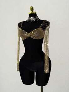 Jeanoix Women's Rhinestone Embellished Sheer Fishnet Cropped Top, Suitable For Holiday Parties And Gatherings - Champagne - View 6