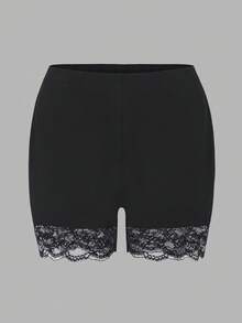 SHEIN Essnce 大码女装春夏时尚休闲高弹舒适日常百搭蕾丝边黑色条纹短裤2条装，夏季打底裤，女式春夏休闲度假短裤 - 彩色 - 查看 4