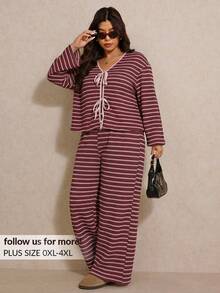 Elaquor Bộ đồ thường ngày 2 món áo cardigan dài tay kẻ sọc trễ vai buộc dây phía trước cho nữ cỡ lớn và quần ống rộng - Nhiều màu - Xem 1