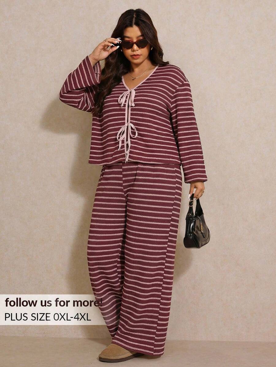 Elaquor Bộ đồ thường ngày 2 món áo cardigan dài tay kẻ sọc trễ vai buộc dây phía trước cho nữ cỡ lớn và quần ống rộng - Nhiều màu - Xem 1