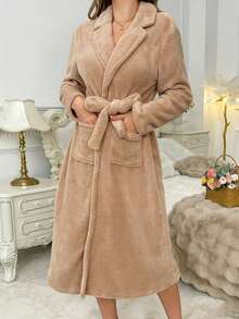 1 pieza Bata de kimono de mujer de unicolor acanalado, bata de baño minimalista con cinturón, para primavera/otoño/invierno,BATA DE BAÑO UNISEX AMPLIA Y LARGA EXCELENTE ABSORCIÓN TELA MICROTOALLA (ALGODÓN CON MICROFIBRA) - Marrón - Ver 6