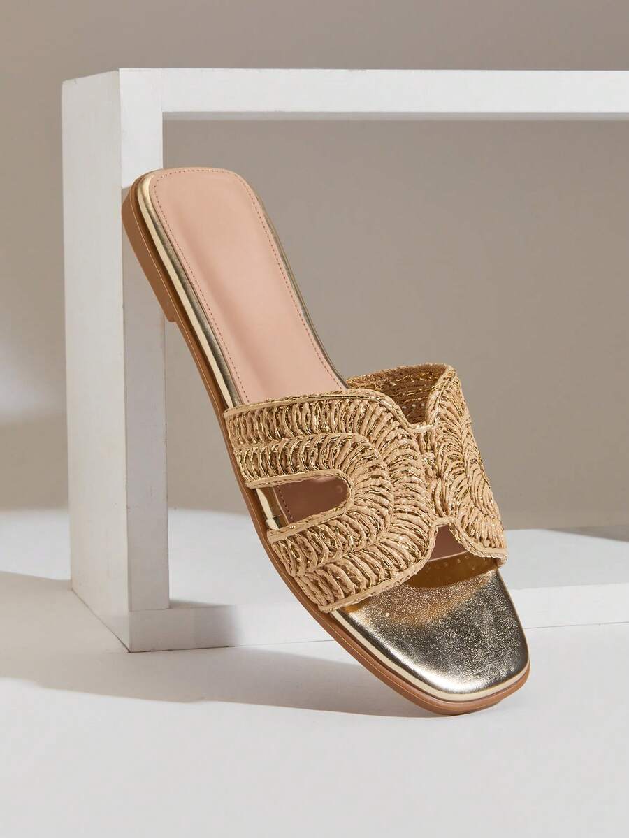 SHUZIA 女士金色拉菲草编织镂空露趾软垫凉拖鞋——优雅、轻盈，度假必备 - 金色 - 查看 1