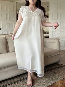 Dazy Plus Satin Contrast Lace Elegant V-Neck Sexy Bow Tie Short Sleeve Fitted Sleepwear Nightgown - Apricot - View 6