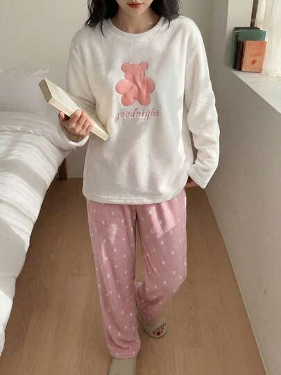 Genkimix Kids 两件套女童抓绒睡衣，可爱小熊字母印花上衣带刺绣，搭配小熊印花长裤，优雅家居服，适合秋冬季穿着。