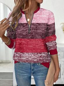 EMERY ROSE Sweatshirt Wanita Ukuran Plus Motif Garis Bertekstur dengan Resleting dan Kerah Bulat, Warna Ungu Tua, Atasan Pullover Lengan Panjang Musim Gugur, Atasan Kasual Elegan untuk Mendaki Gunung di Musim Dingin - MultiWarna - View 3