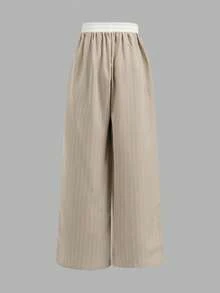 SHEIN Tween Girls Striped Lapel Collar Short Sleeve Jacket And Straight Leg Pants Casual Suit Set,Kids - Khaki - View 10