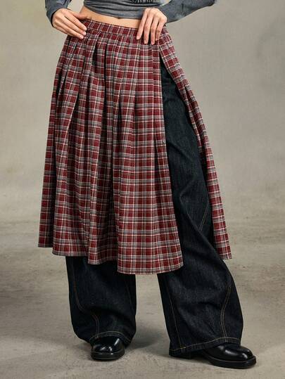 Grunge Punk Vintage Plaid High Slit Skirt
