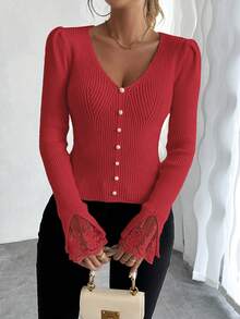 EMERY ROSE French Lace Patchwork V-Neck Fitted Puff Sleeve Knit Sweater With Pearl Decor, Long Sleeve - Red - View 3