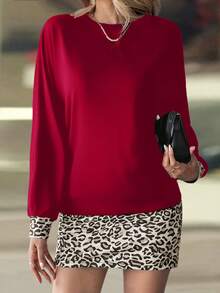 SHEIN LUNE 女士休闲撞色豹纹长袖迷你连衣裙 - 紅色 - 查看 3