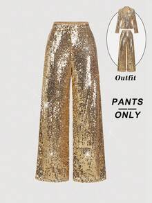 SHEIN MOD 女士纯色亮片阔腿宽松时尚裤，适合感恩节、圣诞节、舞会、派对等场合，秋冬季闪亮裤装 - 金色 - 查看 2