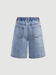 SHEIN 少女时尚休闲 Y2K 复古酷炫街头清新可爱粉色爱心刺绣图案宽松阔腿牛仔短裤，斜插口袋设计，夏季休闲短裤，酷炫街头风，适合演唱会、锐舞派对、毕业典礼等日常穿着，也适合春夏锐舞派对和街头穿着。 - 藍色 - 查看 7