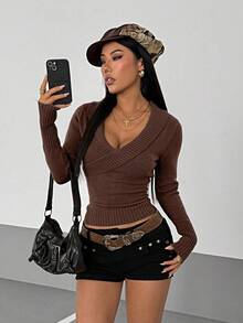 StreetHx 女士街头风纯色修身休闲长袖毛衣 - 咖啡棕 - 查看 7