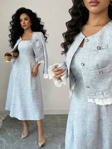 Elenzga 蓝白拼接无袖夹克，带纽扣口袋，优雅休闲通勤装 - 藍色 - 查看 8