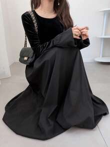 FRIFUL Women's Velvet Patchwork Bodycon Waist A-Line Dress - Black - View 5