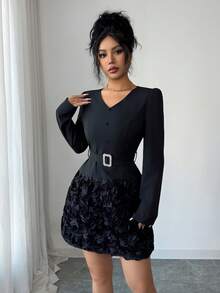 Modelyn French Design V-Neck 3D Floral Women Short Dress - Black - View 6