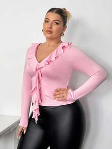 Truni Plus Size Women's Fitted Long Sleeve T-Shirt With Ruffle Collar Detail/Autumn /Winter - Pink - View 5