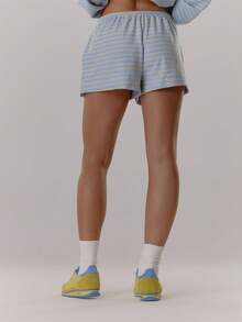 MUSERA 松紧腰带系带宽松版型柔软条纹短裤，舒适可爱休闲，适合咖啡俱乐部、优雅春夏穿着 - 淺藍色 - 查看 4