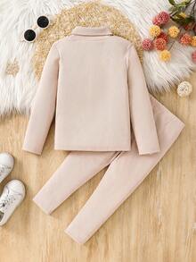 SHEIN 2件套少女纯色针织立领休闲T恤和裤子套装 - 杏色 - 查看 2