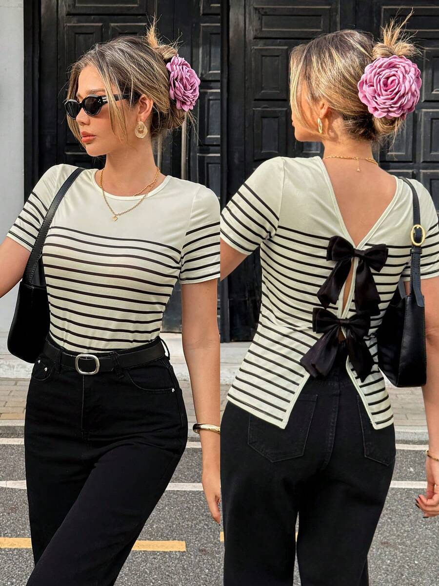 Pariaura Striped Print Backless Bow Decor Women T-Shirt - Apricot - View 1