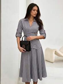 Heiryn Women's Fashionable Commuter Striped Midi Dress - Dark Grey - View 4