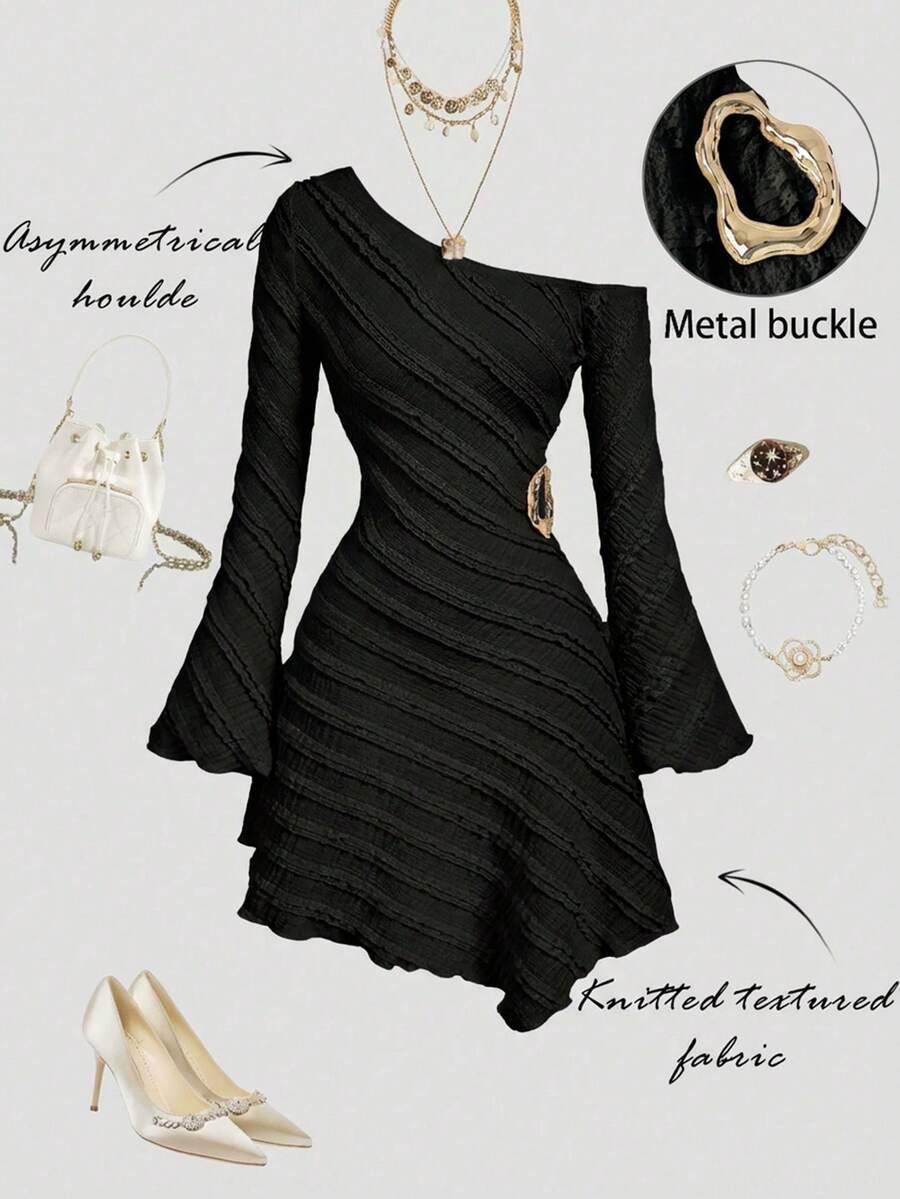 SHEIN MOD 女士纯色褶皱金属装饰不对称领长袖迷你连衣裙 - 黑色 - 查看 1