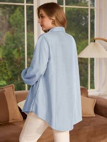 Rosumi Plus Size Winter Women Casual Striped Lantern Sleeve Shirt - Blue and White - View 2