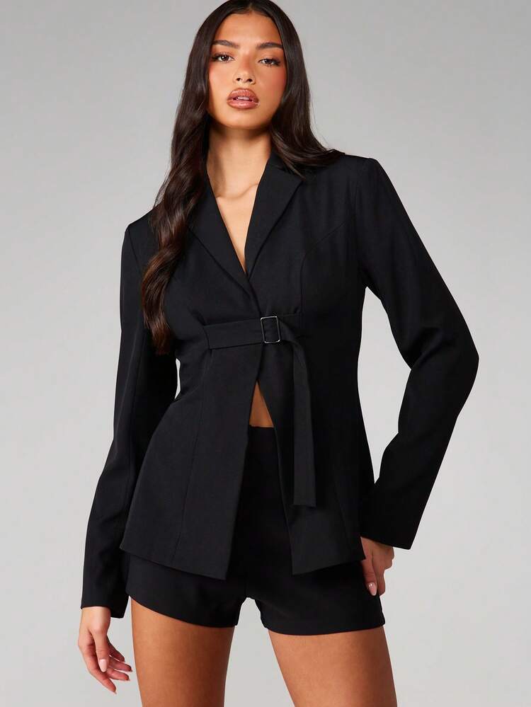 MISSGUIDED Professional Black Wrap Blazer With Belt Detail Lapel Collar Long Sleeve Tailored Jacket For Business Office Work