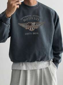 DAZY Men's Letter Print Short Thermal Lined Pullover Pullover Sweatshirt, Charcoal Grey, Autumn/Winter