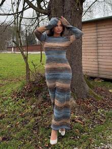 Jeta Ari Women's New Autumn And Winter Versatile Retro Striped Knitted Tight Dress, Sexy Backless Long Sleeve Slim Long Knitted Dress, Long Sleeve Party Dress, Wedding Guest Dress, Retro Autumn And Winter Base Knitted Dress, Daily Date Dress,Cozy Fall And Winter Clothes For Women