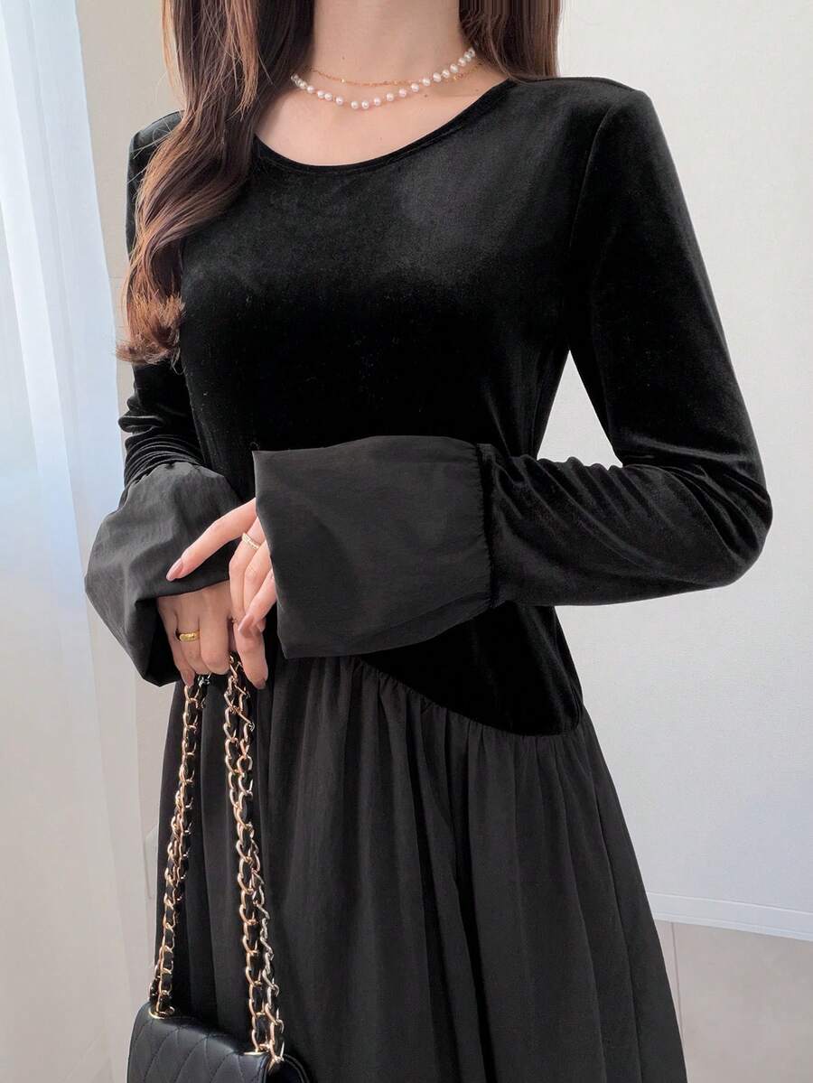 FRIFUL Women's Velvet Patchwork Bodycon Waist A-Line Dress - Black - View 1